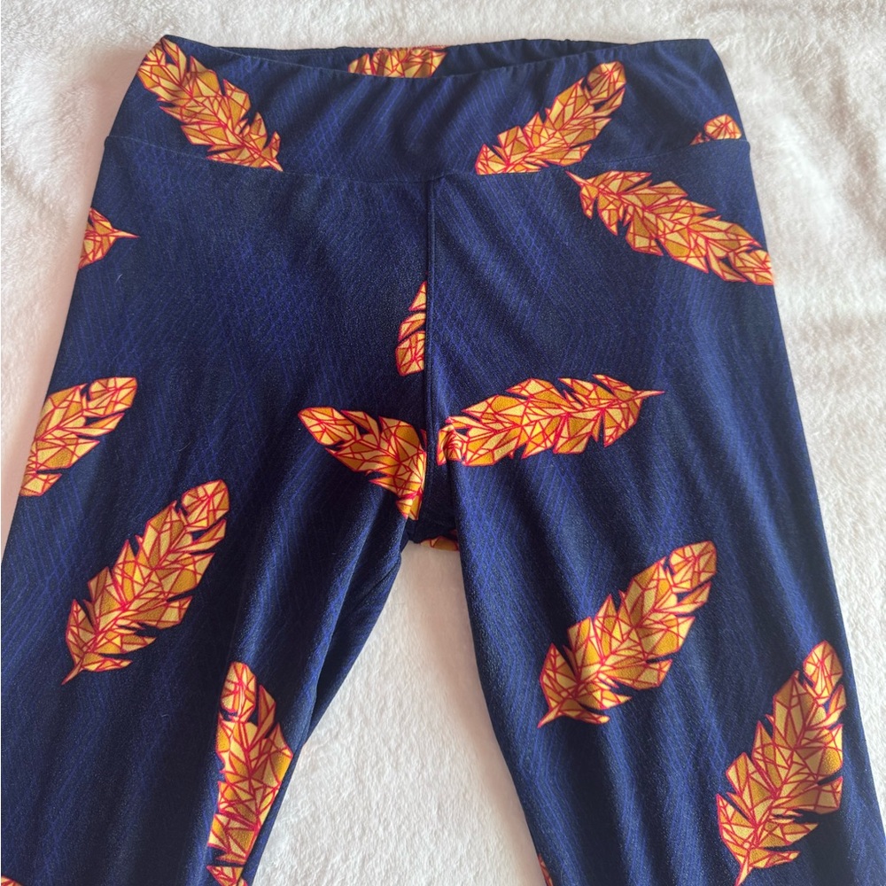 Navy Blue & Gold Feather Pattern Print LuLaRoe Leggings